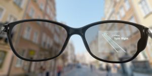 Walking through city with navigation app on smart glasses