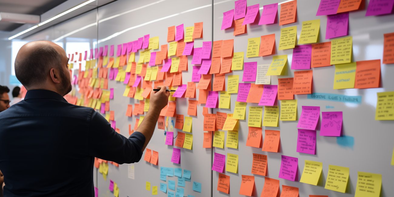 Backlog prioritisation - an image of a product owner in front of a white board wit post-it notes