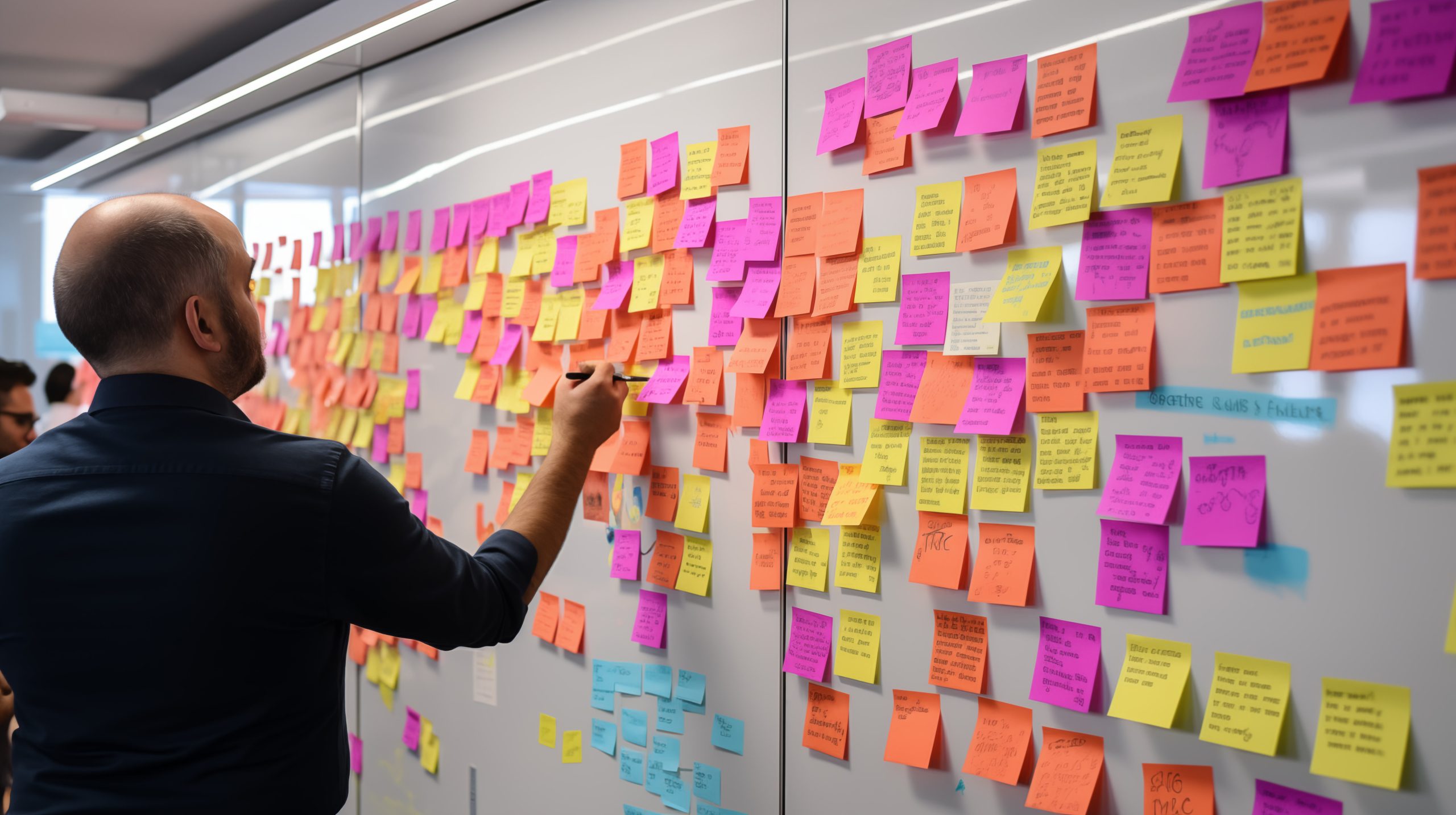 Backlog prioritisation - an image of a product owner in front of a white board wit post-it notes