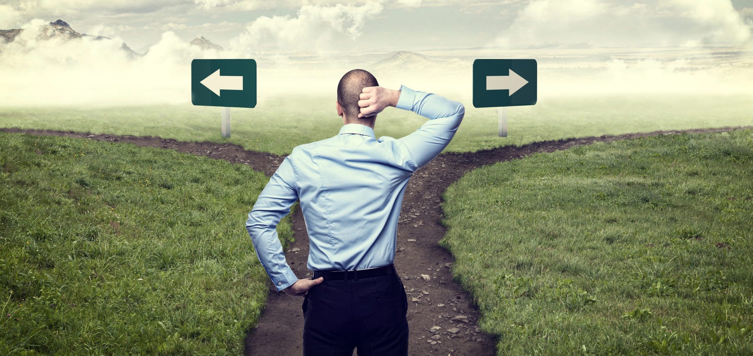 Businessman at cross roads - rebrand or replatform?