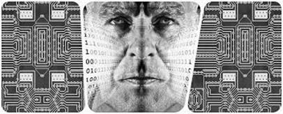 Digital Transformation - a picture of a circuit , a binary code over a face of a man.